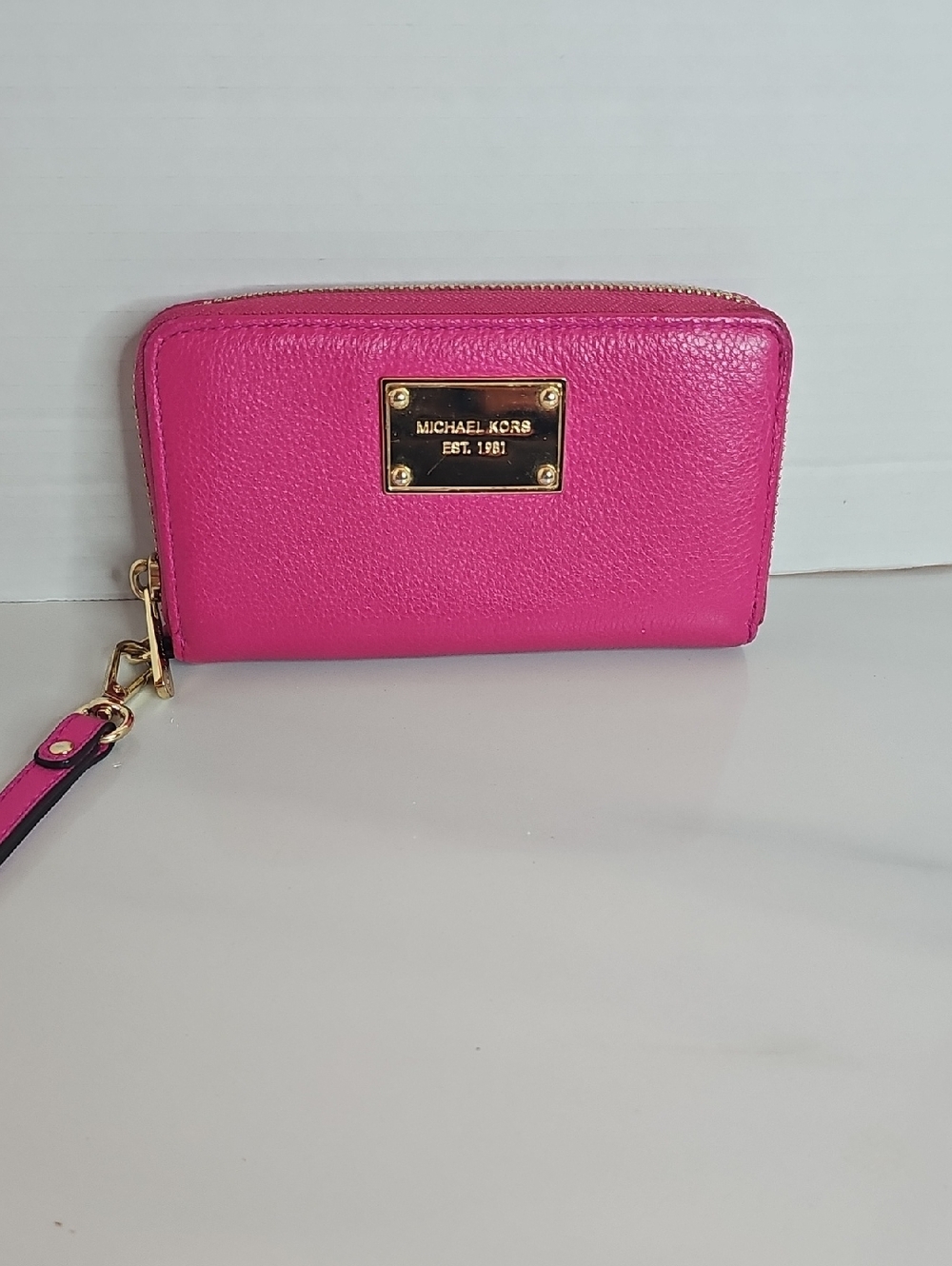 Michael Kors Bright Pink Leather Zip Wristlet with Gold Plate